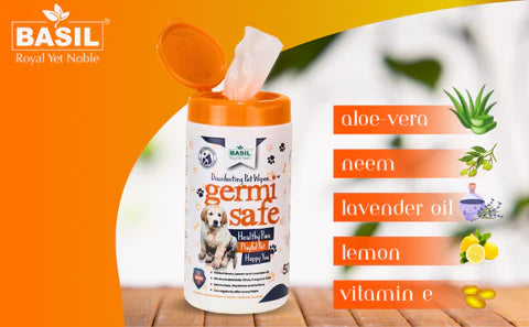 Basil Germisafe Pet Wipes for Dogs, 50 Wipes with Added Neem, Lemon and Lavender Oil for Dogs & Cats