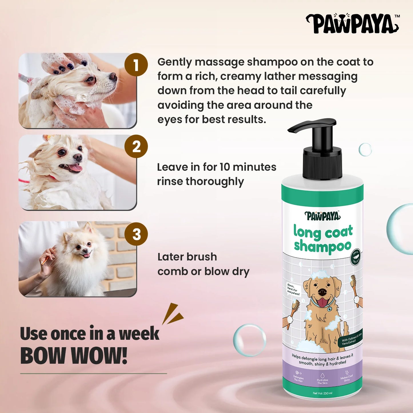 Pawpaya Long Coat Shampoo for Dogs 250 ml