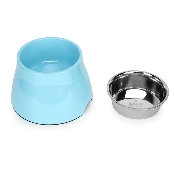 Basil Elevated Melamine and Stainless Steel Pet Feeding Bowls for Dogs & Cats, 500ml (Blue)