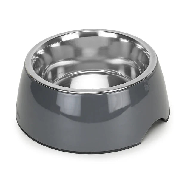 Basil Pet Feeding Bowl Set, Melamine and Stainless Steel for Dogs & Cats - Grey