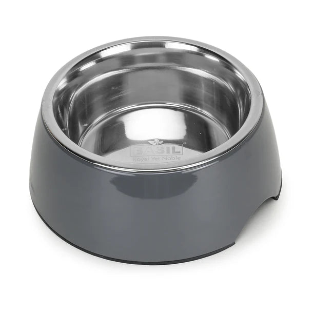 Basil Pet Feeding Bowl Set, Melamine and Stainless Steel for Dogs & Cats - Grey