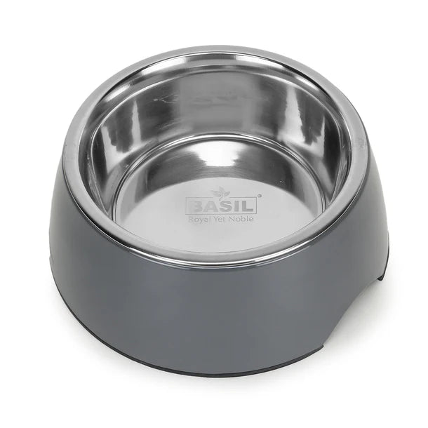 Basil Pet Feeding Bowl Set, Melamine and Stainless Steel for Dogs & Cats - Grey