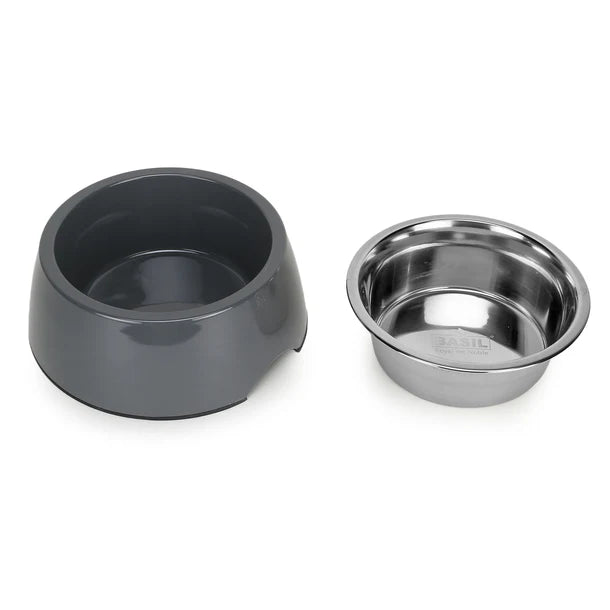 Basil Pet Feeding Bowl Set, Melamine and Stainless Steel for Dogs & Cats - Grey
