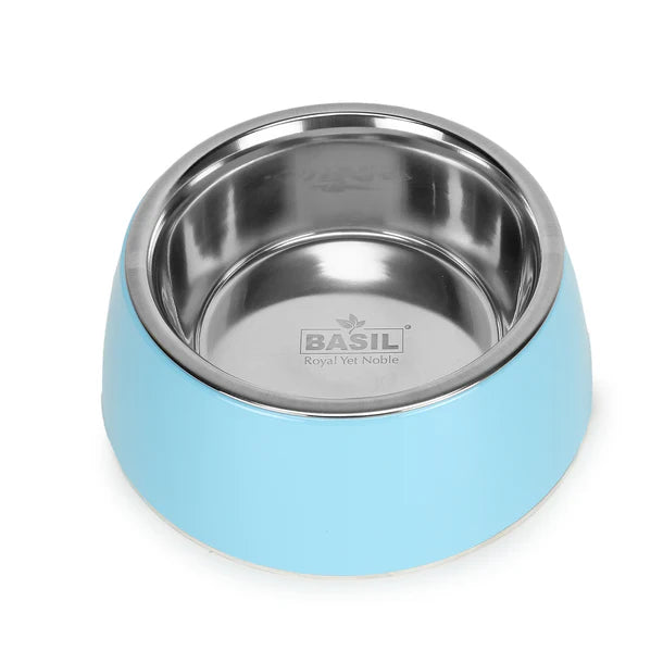 Basil Pet Feeding Bowl Set, Melamine and Stainless Steel for Dogs & Cats - Blue