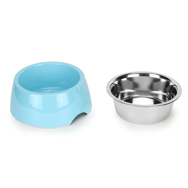 Basil Pet Feeding Bowl Set, Melamine and Stainless Steel for Dogs & Cats - Blue