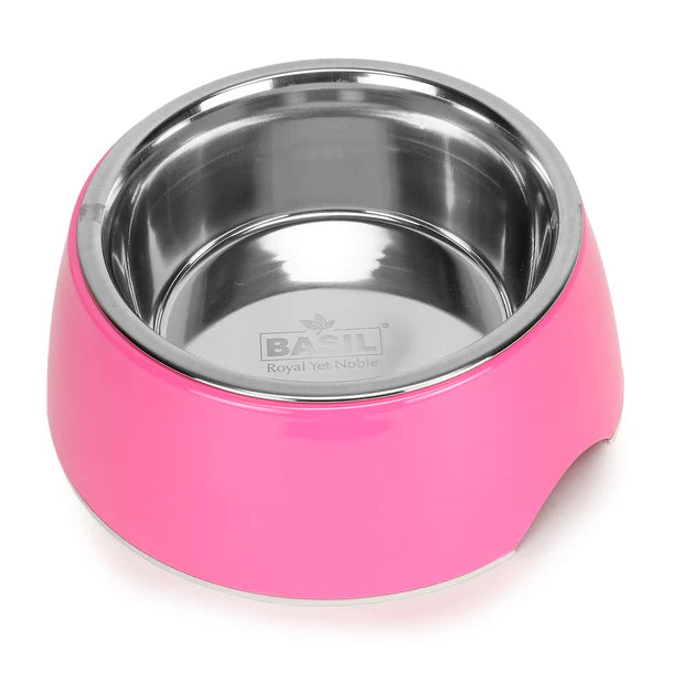 Basil Pet Feeding Bowl Set, Melamine and Stainless Steel for Dogs & Cats - Pink
