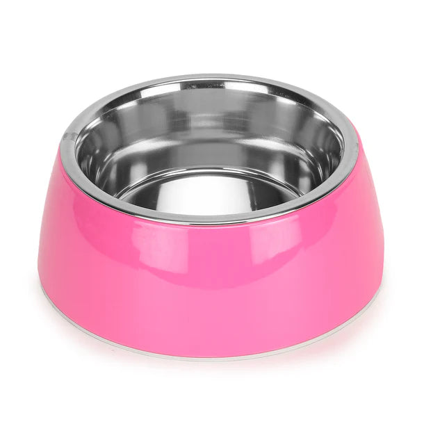Basil Pet Feeding Bowl Set, Melamine and Stainless Steel for Dogs & Cats - Pink