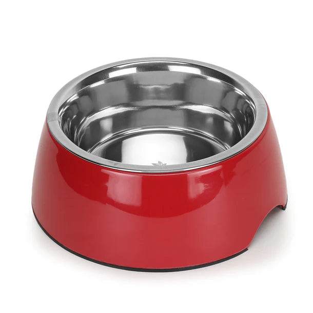 Basil Pet Feeding Bowl Set, Melamine and Stainless Steel for Dogs & Cats - Red