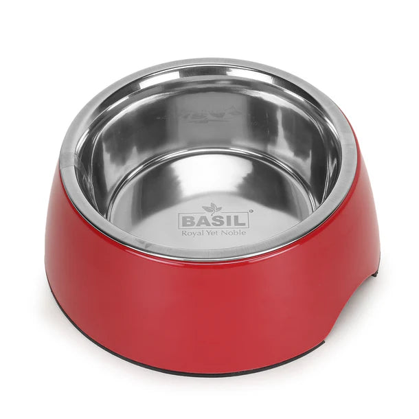 Basil Pet Feeding Bowl Set, Melamine and Stainless Steel for Dogs & Cats - Red