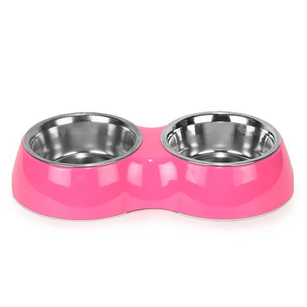 Basil Double Bowl Feeding Set for Dogs / Puppies & Cats (Pink)