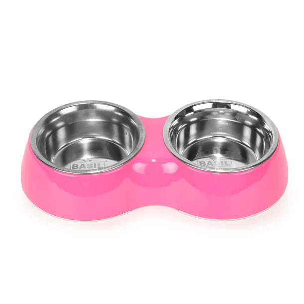 Basil Double Bowl Feeding Set for Dogs / Puppies & Cats (Pink)