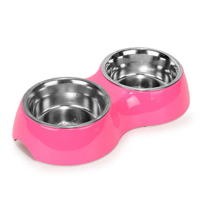 Basil Double Bowl Feeding Set for Dogs / Puppies & Cats (Pink)