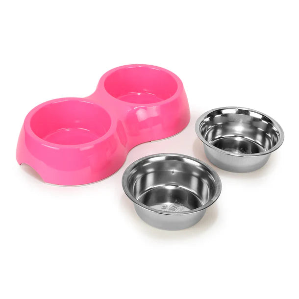 Basil Double Bowl Feeding Set for Dogs / Puppies & Cats (Pink)