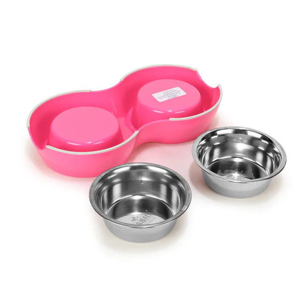 Basil Double Bowl Feeding Set for Dogs / Puppies & Cats (Pink)