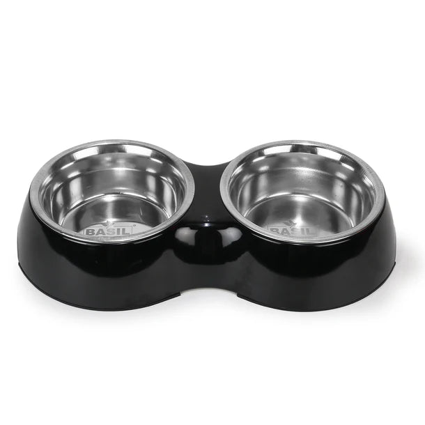 Basil Double Bowl Feeding Set for Dogs / Puppies & Cats (Black)