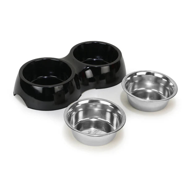 Basil Double Bowl Feeding Set for Dogs / Puppies & Cats (Black)