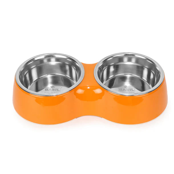 Basil Double Bowl Feeding Set for Dogs / Puppies & Cats (Orange)