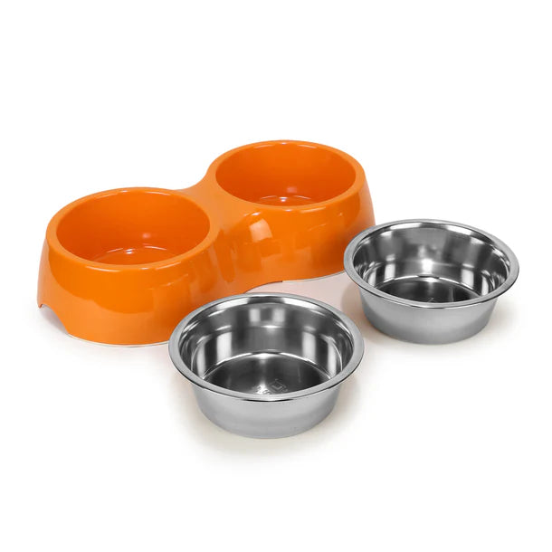 Basil Double Bowl Feeding Set for Dogs / Puppies & Cats (Orange)