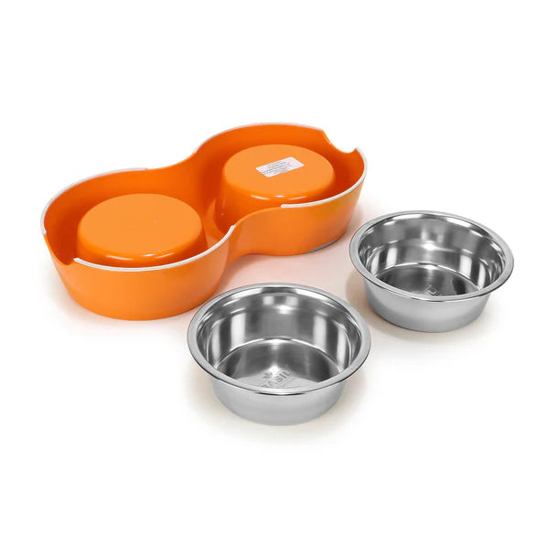 Basil Double Bowl Feeding Set for Dogs / Puppies & Cats (Orange)