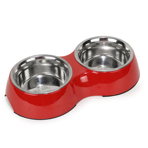 Basil Double Bowl Feeding Set for Dogs / Puppies & Cats (Red)