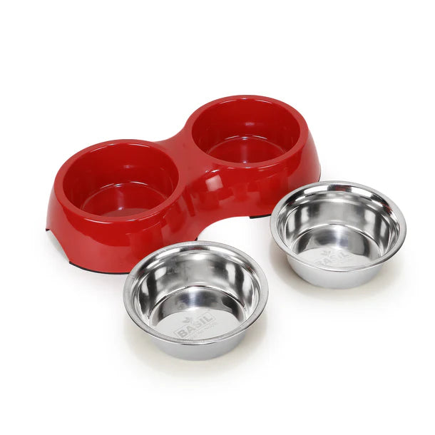 Basil Double Bowl Feeding Set for Dogs / Puppies & Cats (Red)