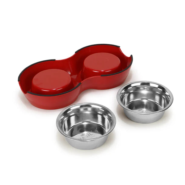 Basil Double Bowl Feeding Set for Dogs / Puppies & Cats (Red)