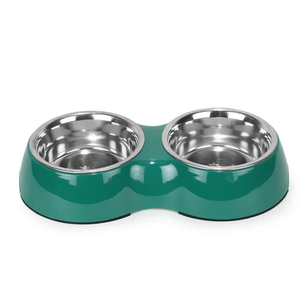 Basil Double Bowl Feeding Set for Dogs / Puppies & Cats (Green)