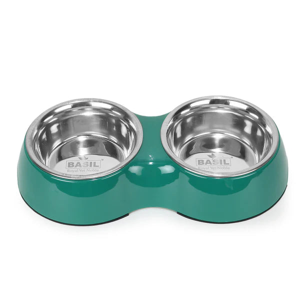 Basil Double Bowl Feeding Set for Dogs / Puppies & Cats (Green)