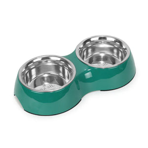 Basil Double Bowl Feeding Set for Dogs / Puppies & Cats (Green)