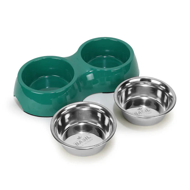 Basil Double Bowl Feeding Set for Dogs / Puppies & Cats (Green)