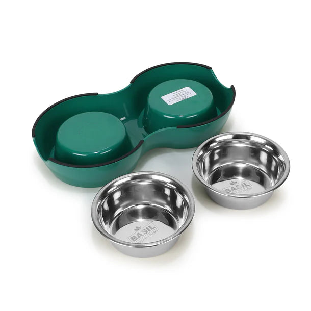 Basil Double Bowl Feeding Set for Dogs / Puppies & Cats (Green)