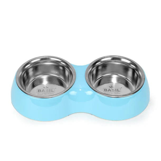 Basil Double Bowl Feeding Set for Dogs / Puppies & Cats (Blue)