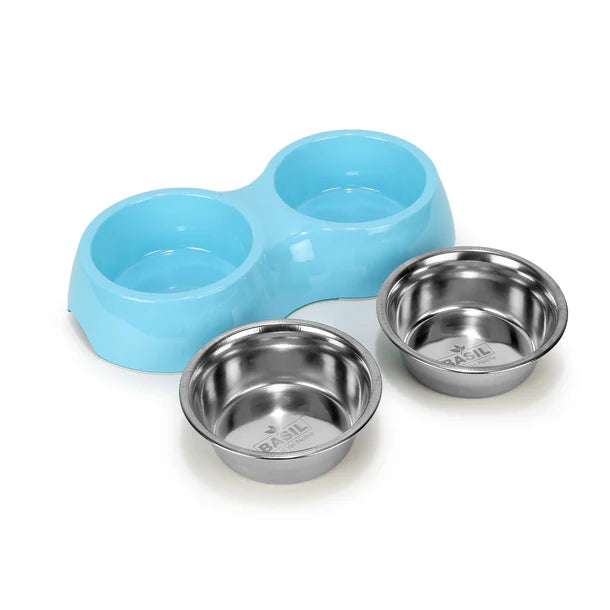 Basil Double Bowl Feeding Set for Dogs / Puppies & Cats (Blue)