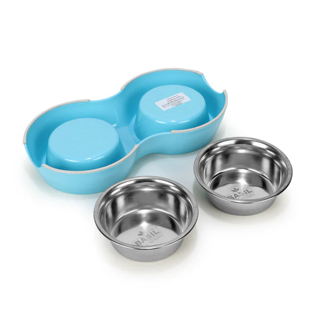 Basil Double Bowl Feeding Set for Dogs / Puppies & Cats (Blue)