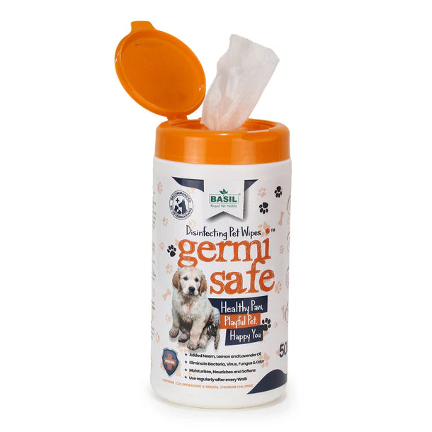 Basil Germisafe Pet Wipes for Dogs, 50 Wipes with Added Neem, Lemon and Lavender Oil for Dogs & Cats