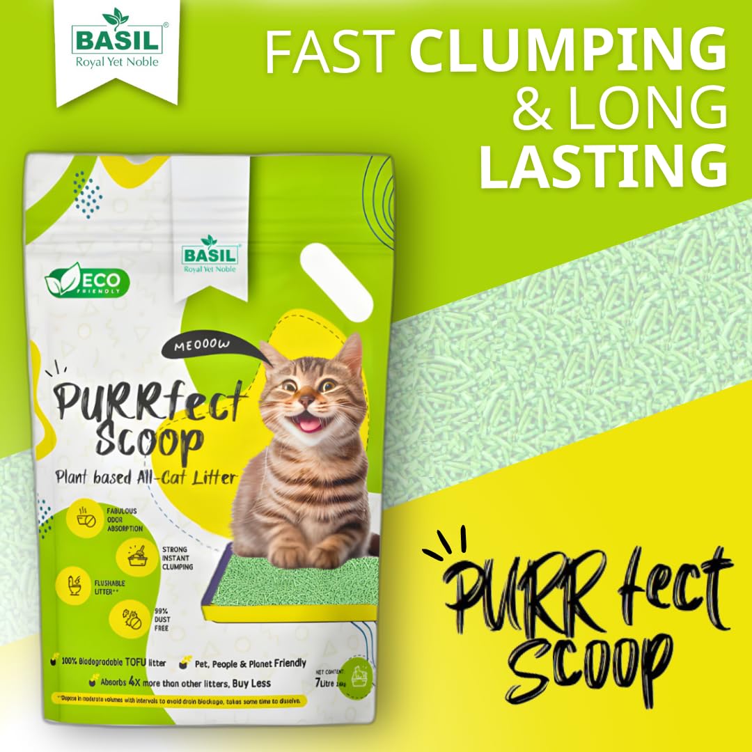 Basil Purrfect Scoop Plant Based Flushable TOFU Cat Litter 7Ltr - Green Tea