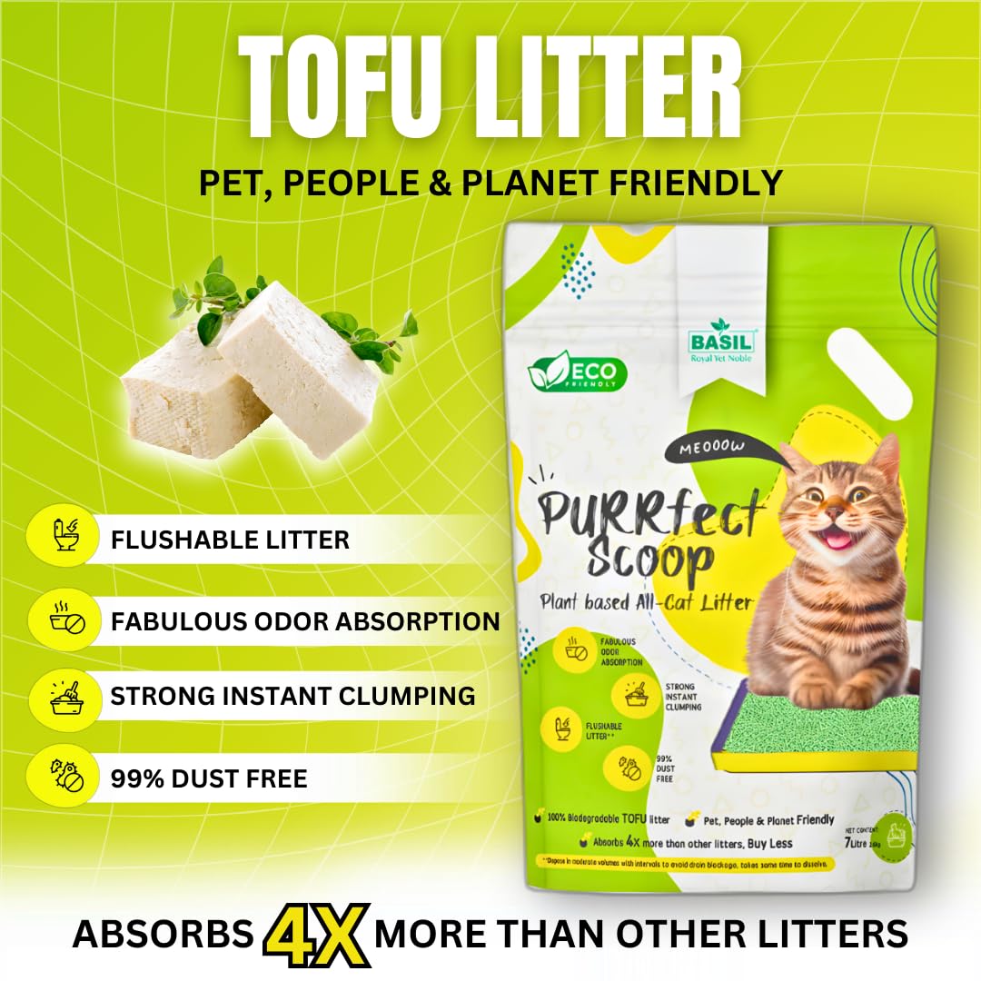 Basil Purrfect Scoop Plant Based Flushable TOFU Cat Litter 7Ltr - Green Tea