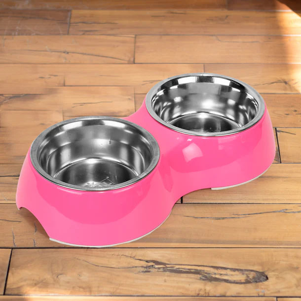 Basil Double Bowl Feeding Set for Dogs / Puppies & Cats (Pink)