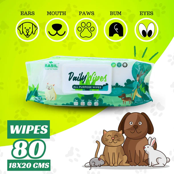 BASIL Daily Wipes, All Purpose Pet Grooming Wet Wipes for Dogs & Cats - 80 Wipes