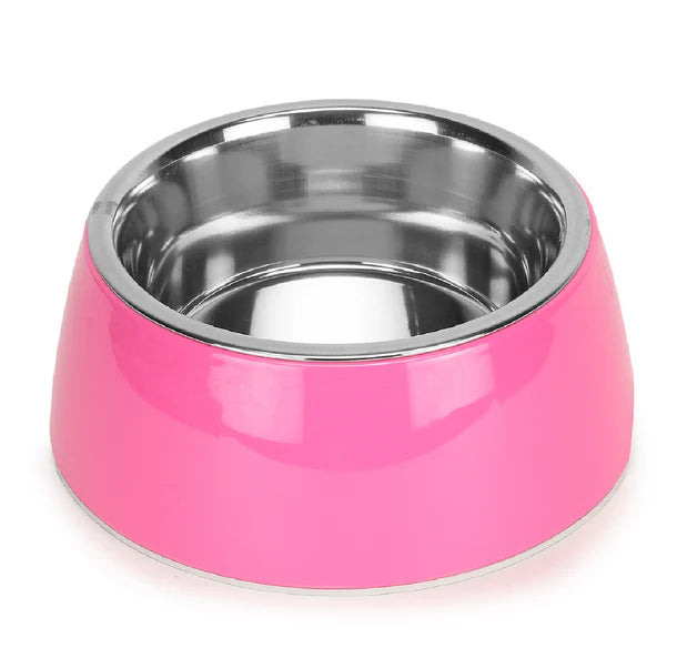 Basil Pet Feeding Bowl Set, Melamine and Stainless Steel for Dogs & Cats - Pink
