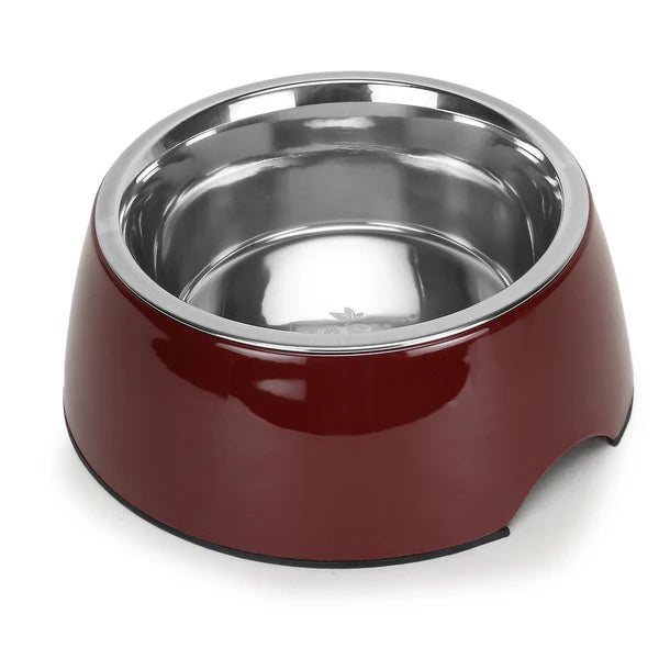 Basil Pet Feeding Bowl Set, Melamine and Stainless Steel for Dogs & Cats - Wine Red