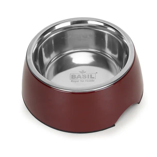 Basil Pet Feeding Bowl Set, Melamine and Stainless Steel for Dogs & Cats - Wine Red