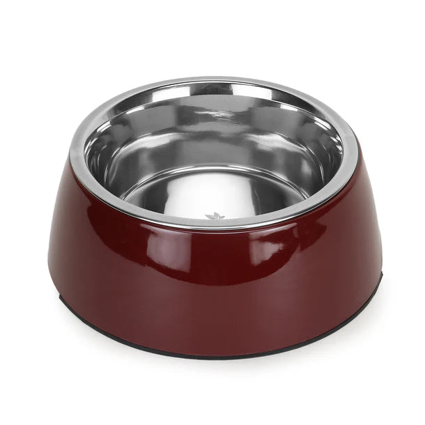 Basil Pet Feeding Bowl Set, Melamine and Stainless Steel for Dogs & Cats - Wine Red