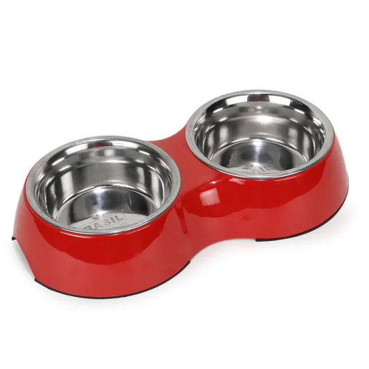 Basil Double Bowl Feeding Set for Dogs / Puppies & Cats (Red)