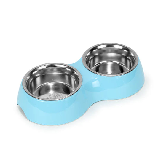 Basil Double Bowl Feeding Set for Dogs / Puppies & Cats (Blue)