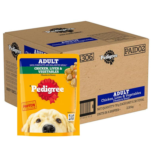 Pedigree Wet Food Gravy for Adult Dogs 70 gm - Chicken, Liver & Vegetables Chunks
