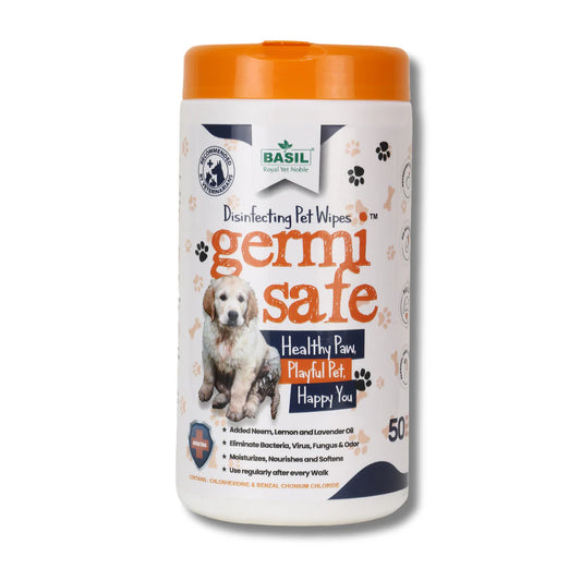 Basil Germisafe Pet Wipes for Dogs, 50 Wipes with Added Neem, Lemon and Lavender Oil for Dogs & Cats