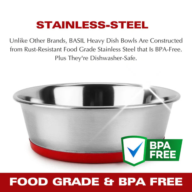 Basil Heavy Dish Anti-Skid Steel Pet Feeding Bowls with Silicon Bottom for Dogs / Cats