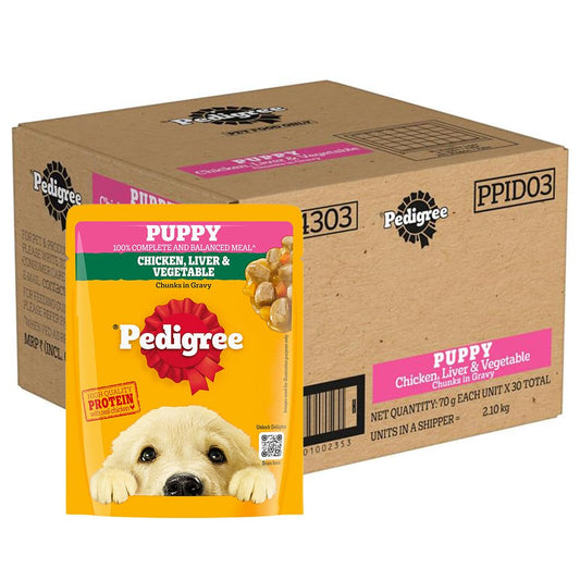 Pedigree Wet Food Gravy for Puppy Dog 70 gm - Chicken, Liver & Vegetables Chunks